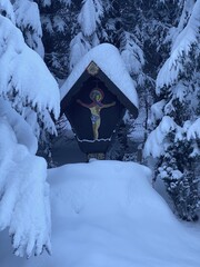 Schneeschuhe Wandern am Jakobsweg bei Terfens Vomp Vomperbach Umlberg Maria Larch Eggen in der Nähe von Schwaz Innsbruck Tirol Grenze zu Bayern im Karwendel am späten Nachmittag im Winter