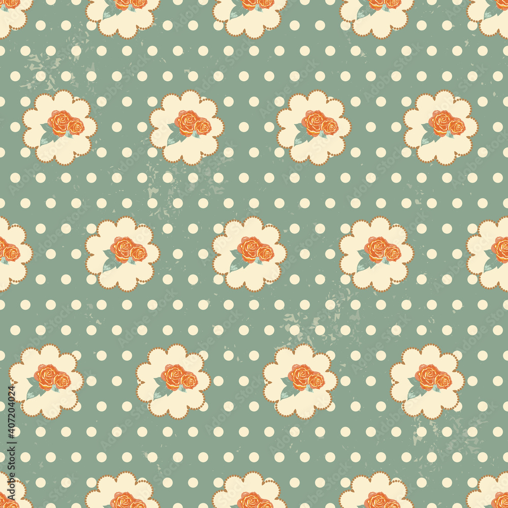 Poster retro colored little roses and dots repeat pattern print background