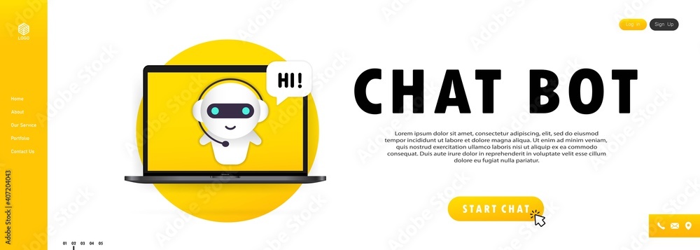 Poster chatbot in laptop illustration. online assistant bot landing page template. dialog, message. technic
