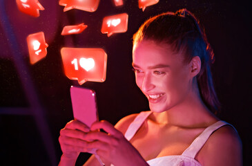 Happy Woman Using Smartphone With Like Buttons Standing Indoors, Collage