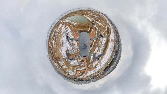 Kimpo, South Korea 17 February 2020 Hangang Riverside Park. 360 degree spherical tiny planet effect view from top of the drone..