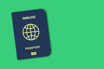Immune passport, on a green background. Copy space. For people vaccinated against COVID-19.