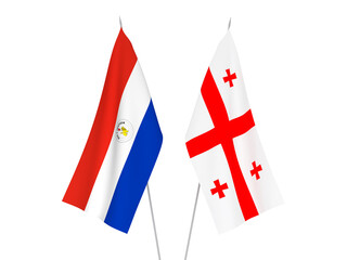 National fabric flags of Georgia and Paraguay isolated on white background. 3d rendering illustration.