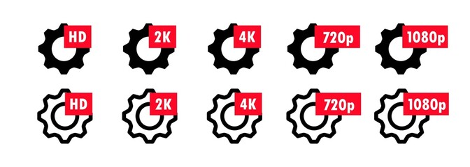 Gears with quality signs. Video quality symbol HD, 2K, 4K, 720p, 1080p icon. Vector EPS 10. Isolated on white background