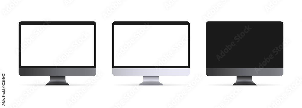 Aufkleber realistic desktop computer with blank display. pc in front and side view. in black, silver and space