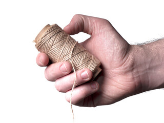 Obraz premium A gray leather thread is in a man's hand. Gray thread and hand isolated.