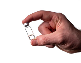 A glass vial in which a liquid with a vaccine is in the doctor's hand.