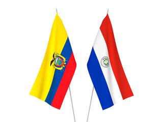 National fabric flags of Ecuador and Paraguay isolated on white background. 3d rendering illustration.