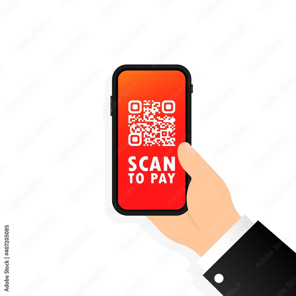 Poster scan qr code to pay with mobile phone. smartphone scanning qr-code. barcode verification. scanning t