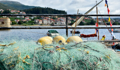 Fishing nets, panoramic view of the fishing port of in Pontevedra Galicia, Spain 