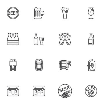 Beer pub line icons set, brewery outline vector symbol collection, linear style pictogram pack. Signs, logo illustration. Set includes icons as craft beer bottle, bar signboard, alcohol pint glass