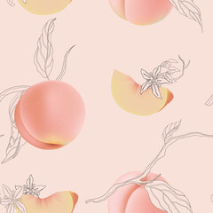Fruit seamless pattern, peaches with flowers and leaves on bright pink