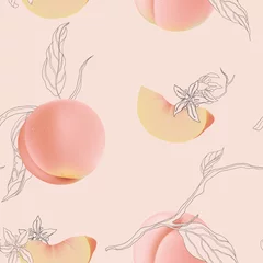 Gordijnen Fruit seamless pattern, peaches with flowers and leaves on bright pink © momosama