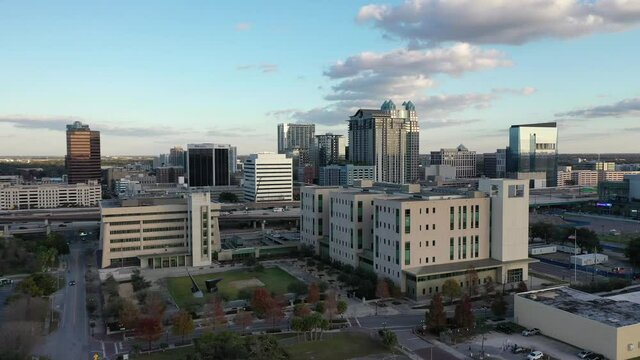 Orlando, Florida, USA - July 15, 2020 : Downtown Orlando; the historic core and central business district of Orlando, Florida. Shot during the COVID Pandemic in July, 2020.