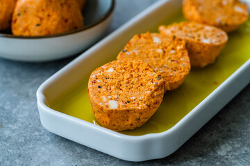 Traditional Turkish Spicy Surk Cheese Balls with Olive Oil from Hatay in Turkey. Shanklish Orange Color.