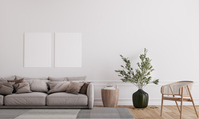 Mockup frame in farmhouse living room interior, beige sofa on white wall background, 3d render