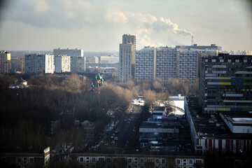 Moscow, Russia. January 8, 2021: Ostankino TV Center and Ostankino Park. View from above.