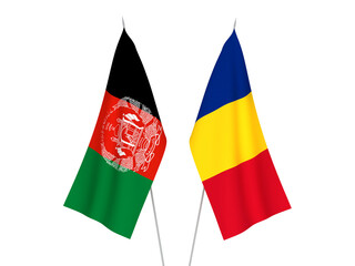 National fabric flags of Romania and Islamic Republic of Afghanistan isolated on white background. 3d rendering illustration.