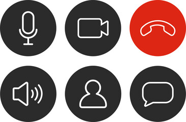 Set of Video call icons. Video conference. Collections buttons of on-line video chat app, internet talk, call technology. Web app ui display template. Videoconferencing and online meeting workspace