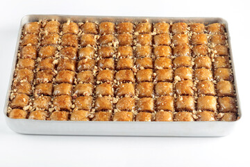 Traditional Turkish baklava on the tray.  Turkish dessert.