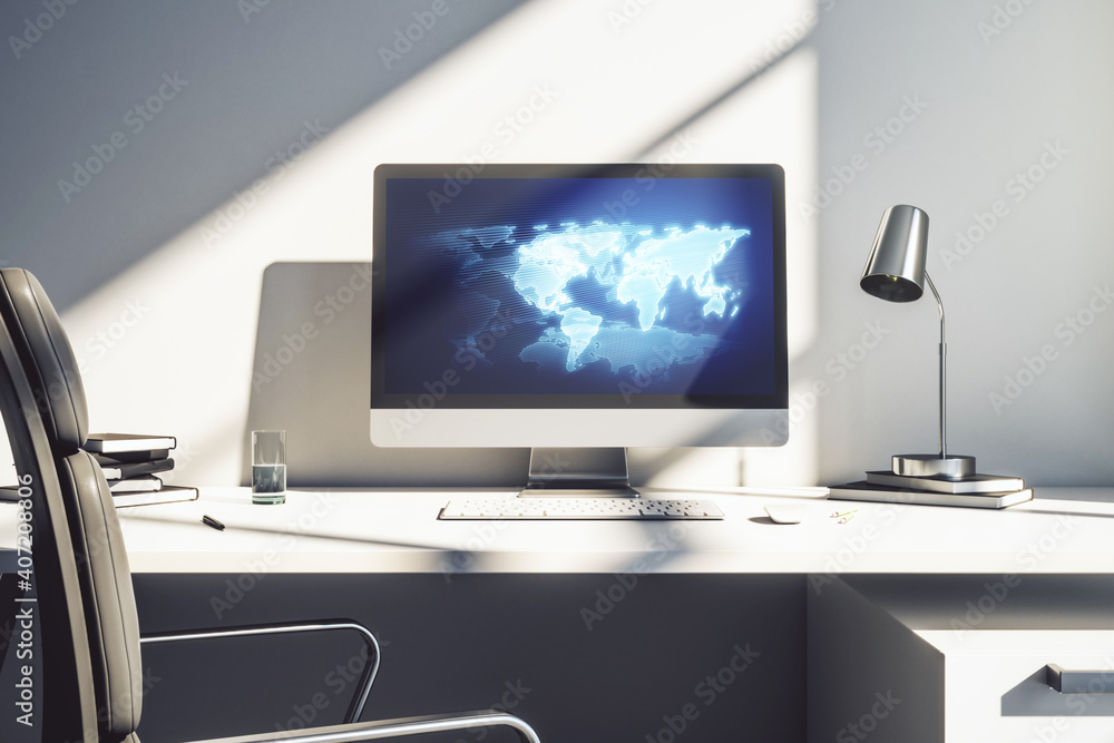 Poster modern computer screen with abstract creative digital world map, research and analytics concept. 3d 