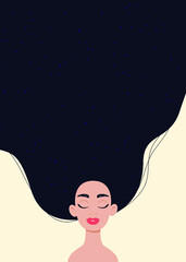A card with a beautiful woman with long hair. Modern hand-drawn vector illustration. Hair and beauty salon cards.