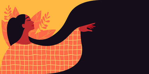 Beautiful woman with long hair makes makes a graceful gesture with her hand. Modern illustration of happy Women's Day 8th March. Template for cards, greetings, flyer, banner. 