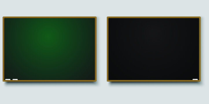 Vector illustration of green and black square chalkboard with wooden frame with piece of chalk and shadow isolated on white background.