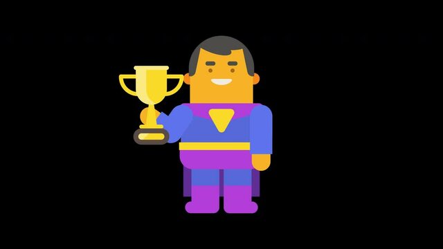 Superhero holds gold cup and smiles. Alpha channel. Looped animation. Character animation