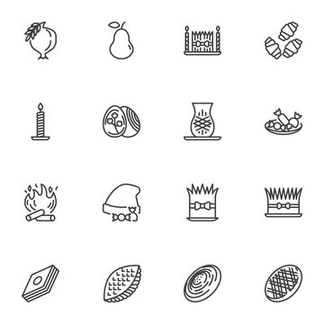 Novruz holiday line icons set, outline vector symbol collection, linear style pictogram pack. Signs, logo illustration. Set includes icons as sweet food, semeni wheat, eggs, shekerbura, baklava, gogal
