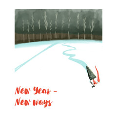 New Year - New ways. A humorous postcard for the New year. One of the six motivational cards in the set. Can be used as a website decoration or poster or prints on merch