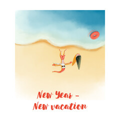 New Year - New vacation. A humorous postcard for the New year. One of the six motivational cards in the set. Can be used as a website decoration or poster or prints on merch