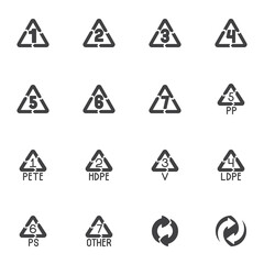 Plastic recycling vector icons set, modern solid symbol collection, filled style pictogram pack. Signs, logo illustration. Set includes icons as resin identification, recycling plastic type code