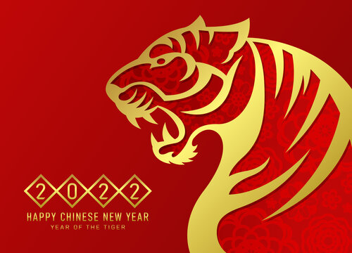 china new year 2022 - gold abstract Roaring tiger zodiac sign with flower texture on red background vector design