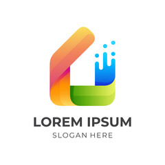 paint house logo, house and paint, combination logo with 3d colorful style