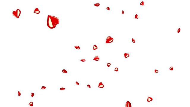 Many red hearts free falling on white background. 4K 3D animation, loop.