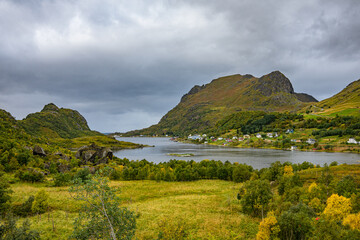 Lofoten landscape with mountains and the ocean