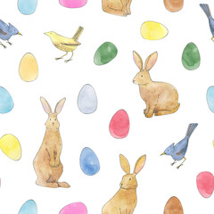 watercolor easter seamless pattern, rabbit eggs tractor truck vegetables