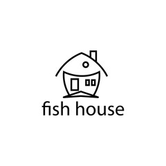 fish house logo illustration line design vector template