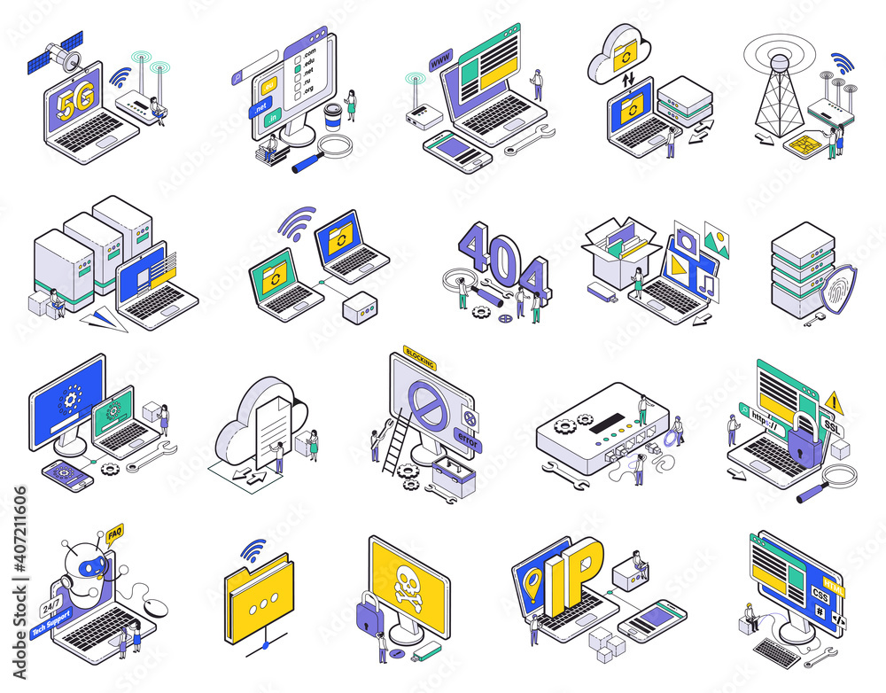 Wall mural isometric web hosting icon set