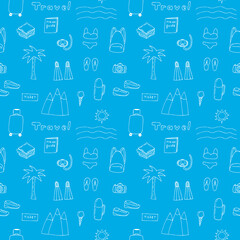 Seamless travel pattern, things for travel, vector illustration, hand drawing, blue