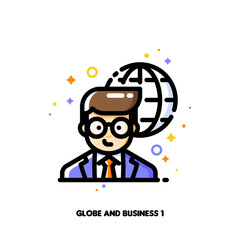 Icon of businessman on a background of globe for international businessperson concept. Flat filled outline style. Pixel perfect 64x64. Editable stroke