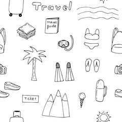 Seamless travel pattern, vector illustration, hand drawing