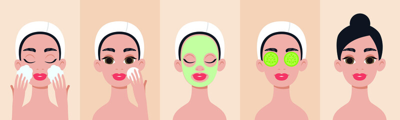 Face care set. A woman takes care of her face. Different facial cleaning procedures. Skin care routine. 
