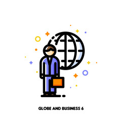 Icon of businessman with briefcase on a background of globe for international agent or broker concept. Flat filled outline style. Pixel perfect 64x64. Editable stroke