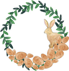 watercolor easter wreath clipart, digital clip art, bunny rabbit eggs bird house nest minimalist wreath