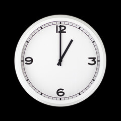 White round analog wall clock isolated on black background.