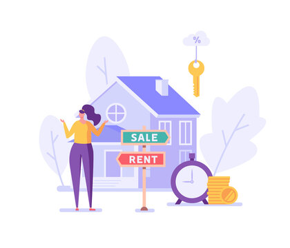 Sale Or Rent. People Renting Apartment With Online Service. Users Looking For Apartment For Rent Online. Concept Of Rent Real Estate, Home For Rent. Vector Illustration For Web Design, Landing Page