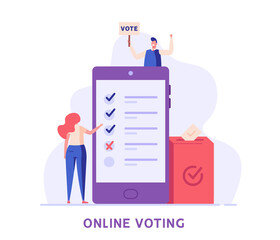 Online Voting and Election Campaign. People Voting with Vote Box and Calling for Vote. Concept of Election Day, Making Choice, Balloting Paper, Democracy. Vector illustration for Background