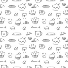 Seamless pattern of French buns and cakes, vector illustration, hand drawing